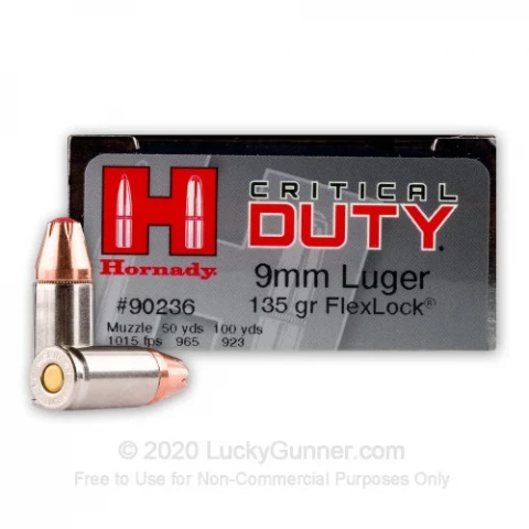 9mm - 135 gr FlexLock JHP - Critical Duty - Hornady - 25 Rounds