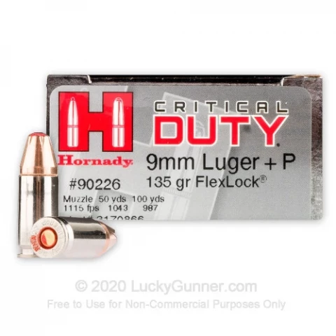 9mm - +P - 135 gr FlexLock JHP - Critical Duty - Hornady - 25 Rounds